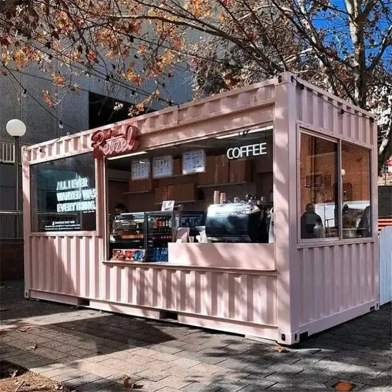 Custom Cafe Pizza Food Kiosk Container Bar Shop With Rooftop Deck And Stairs