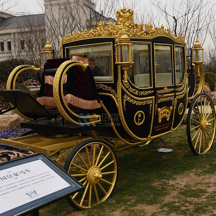 Carruaje de caballos elegante y de lujo de color negro, estilo princesa real, clásico, para bodas, turismo, vehículo de ocio para viajes