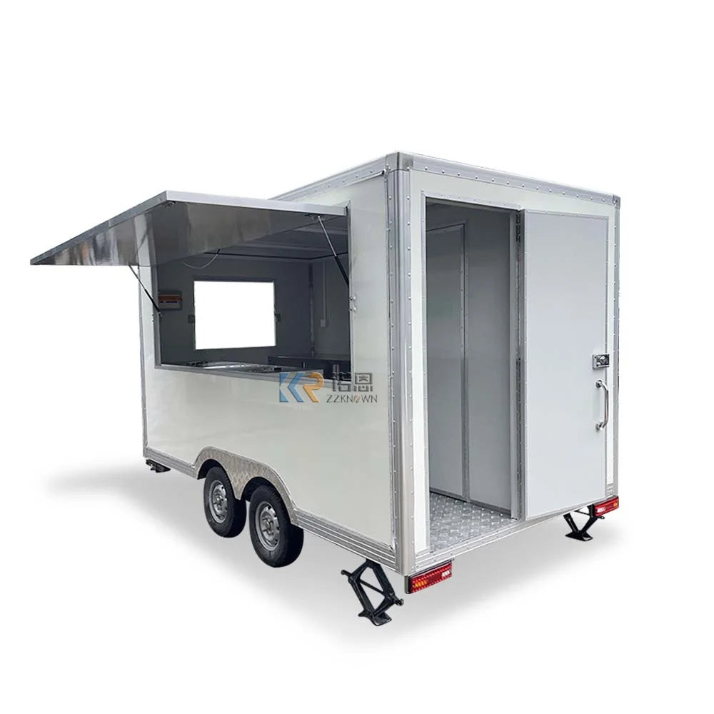 Camión de comida móvil American Standard totalmente equipado, remolque para venta de refrigerios, modelo cuadrado, carrito de comida blanco con baño a la venta