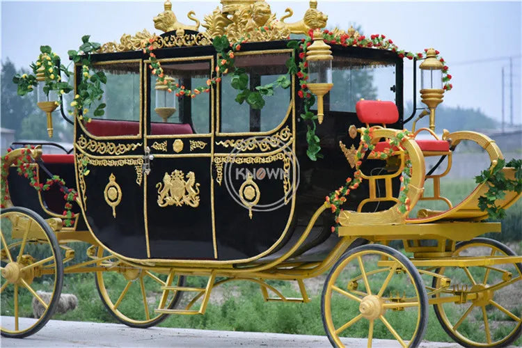 Pousse-pousse électrique OEM de type royal, calèche de luxe tirée par des chevaux, remorque touristique pour voyage de mariage de princesse