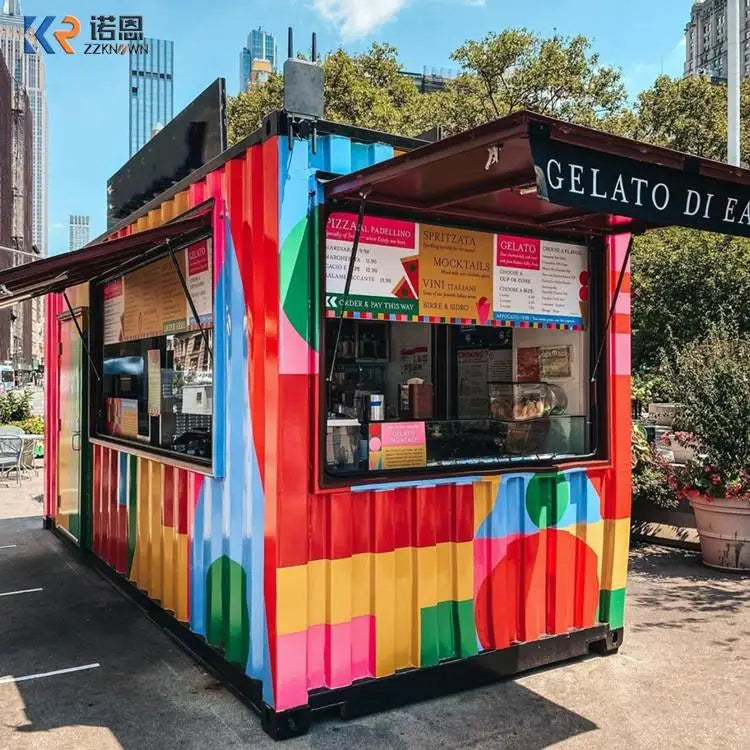 Contenedor de cafetería restaurante con cocina y logotipos y colores personalizados