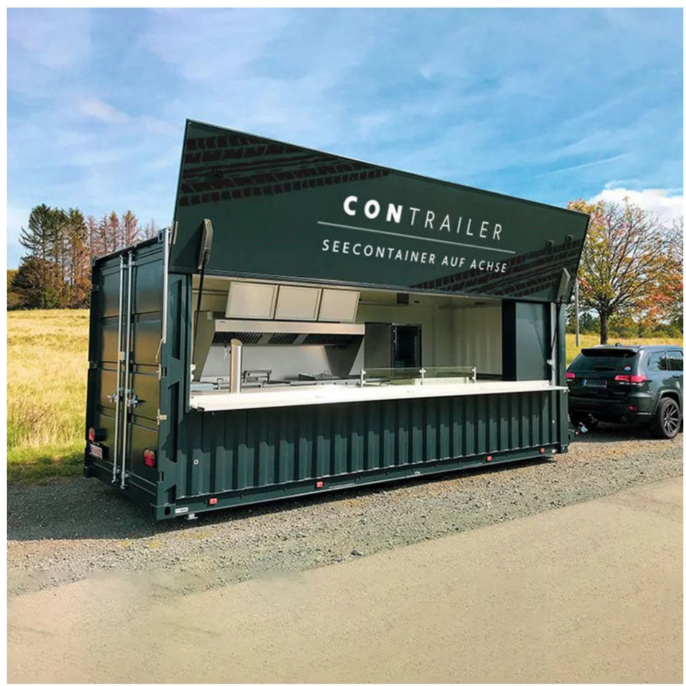 Custom Cafe Pizza Food Kiosk Container Bar Shop With Rooftop Deck And Stairs